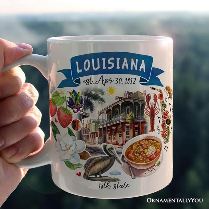 OrnamentallyYou State Travel Landmark Mugs – 12 oz Ceramic Coffee Cups, U.S. Souvenir Gift for Tourists (Artistic Louisiana State Themes and Landmarks Mug)