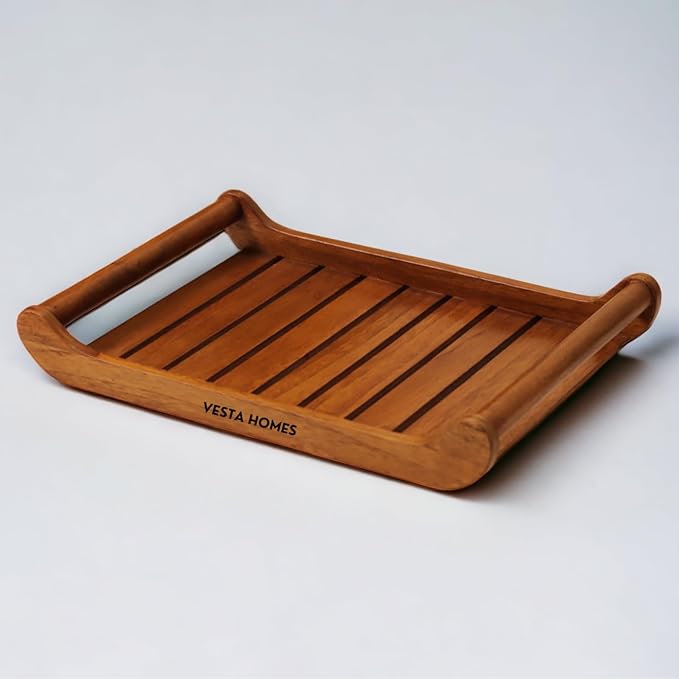 Vesta Homes Large Teak Wood Serving Tray for Home, Kitchen, Breakfast, Restaurant, Office Organizer, Dining Table | Premium wooden Trays |15*10*2.25 Inches | Handmade in India