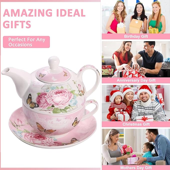 ONEUSTAR Tea for One Set Ceramic Floral Teapot and Cup Saucer Set for Women Afternoon Tea Mother's Day Gift in Reusable Gift Box, Pink Rose Flower