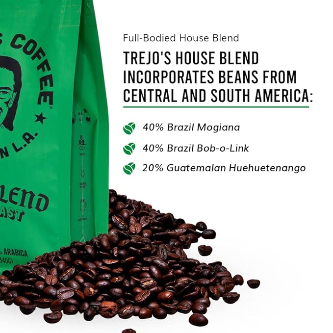 Trejo's Coffee House Blend Dark Roast Whole Bean Coffee, 12 Ounce Bag, 100% Arabica