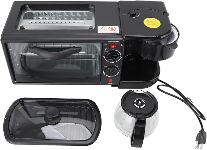 3-in-1 Breakfast Station with Coffee Maker, 4-Slice Toaster Oven, Non-Stick Griddle, 110V