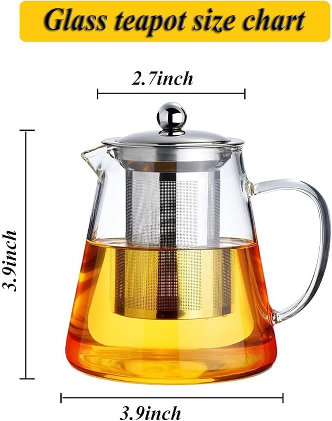 Glass Teapot with Removable Stainless Steel Infuser, Borosilicate Glass Tea Pot with Strainer,for Blooming Tea & Loose Leaf Tea, Microwave & Stovetop Safe（19oz ）