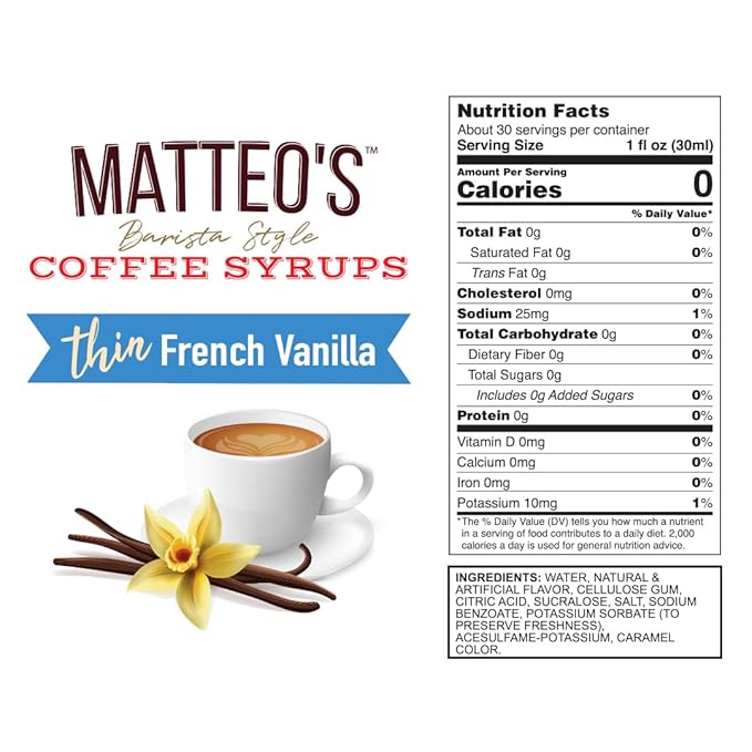 Matteo's French Vanilla Syrup for Coffee, Lattes, Cappuccinos & Desserts – Sugar-Free Sweetener for Beverages, Keto Friendly, Zero Calories, Indulgent Flavor, Non-Alcoholic, 33.8oz (1pk)