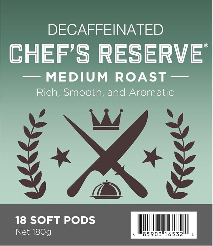 Wolfgang Puck Coffee, Decaf Chefs Reserve, 9.5 Gram Soft Pods, 18 Count (Pack of 6)