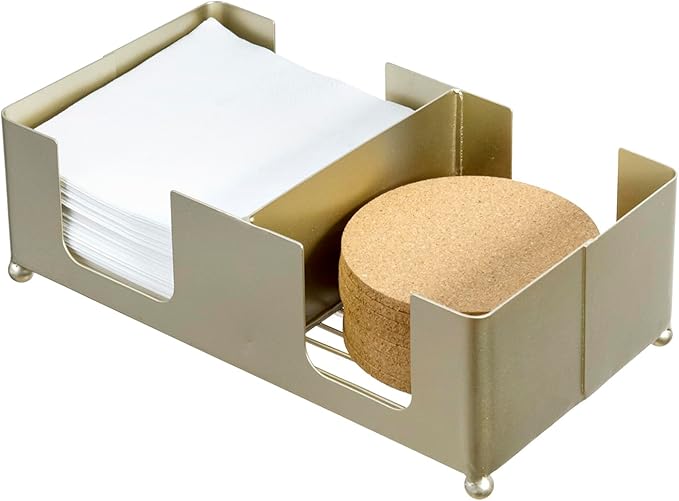 MyGift Disposable Napkin and Drink Coaster Holder, Modern Brass Tone Metal Bar Countertop or Coffee Table Guest Tray Fits Round/Square Coasters & 5'' Napkins