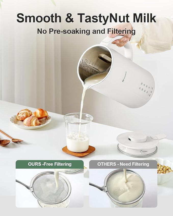 MOKKOM Nut Milk Maker, 42oz Soy Milk Maker for Homemade Plant-Based Milk, Oats, Soy, Dairy Free Beverages, Automatic Almond Milk Machine with Delay Start/Keep Warm/Self-Cleaning/Boiling, Pearl White