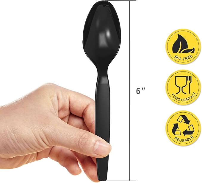 POSATE Heavyweight Plastic Spoons, Black, Pack of 100, Disposable Utensils for Party Supply
