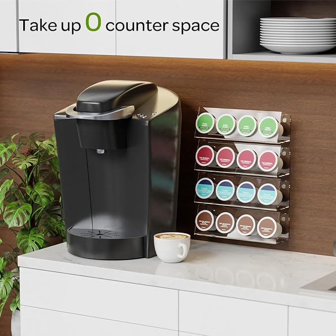 K Cup Holders, Acrylic Coffee Pods Organizer Stand Magnetic & Self-Adhesive for Kitchen Wall, Cabinet, Fridge (4 Pack for 16 Pods)