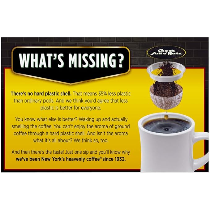 Chock Full o’Nuts Donut Shop, Medium Roast K-Cups – Compatible with Keurig Pods K-Cup Brewers (4 Packs of 12 Single-Serve Cups)