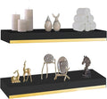 Thick 1.78 in Black and Gold Shelves with Thicked 1/5 Inch Heavy Duty Bracket,Black Gold Foating Shelves Pine Wood 16 ×6.5 in Floating Shelves for Wall with Stainless Steel Trim Strip Set of 2