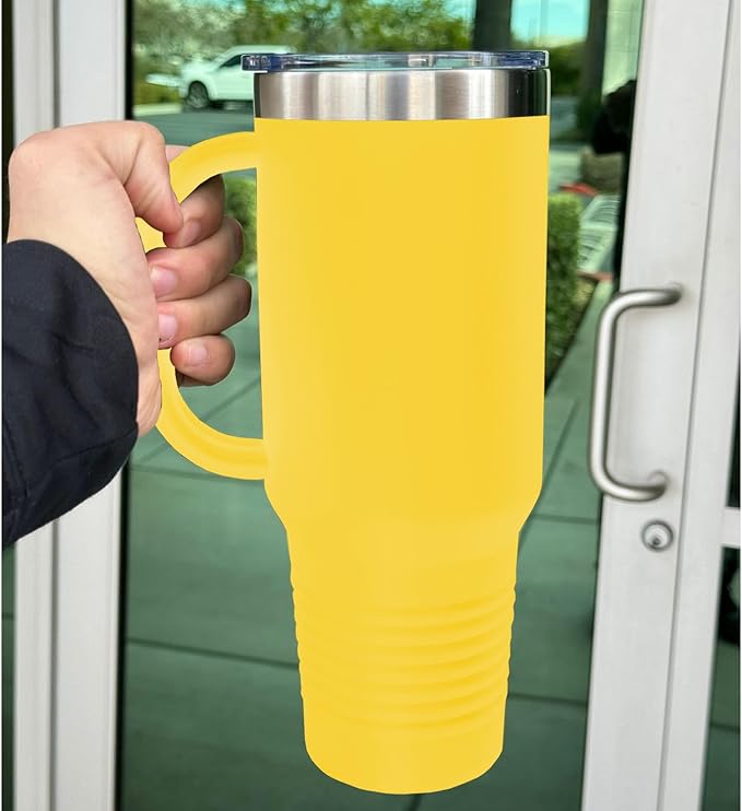 LaserGram 40oz Vacuum Insulated Travel Mug with Handle, Tiki Statue, Personalized Engraving Included (Yellow)