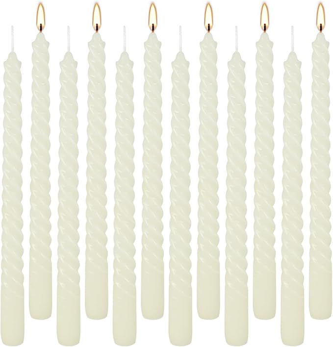 10 Inch Ivory Spiral Taper Candle Set of 12 Pack Unscented Dripless Candlesticks for Valentine's Day,Dinner,Party,Brithday,Wedding,Christmas,and Home Decoration