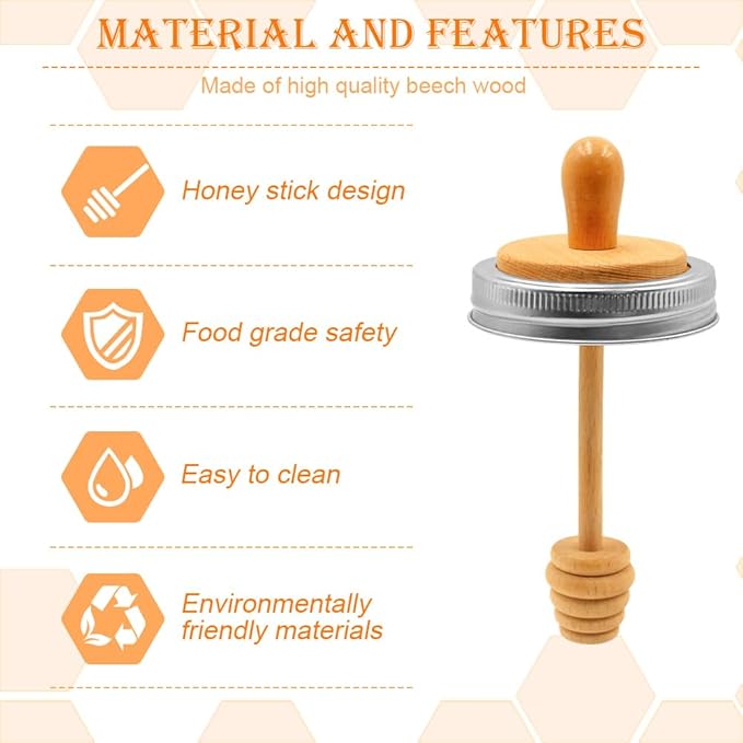 Sun3drucker Wooden Mason Jar Honey Dipper with Lids Set - Honey Dipper Wooden Stick for Regular Mouth Mason Jars, Honey Spoon Honeycomb Lids for Regular Mouth 16 oz Mason, Ball Jars