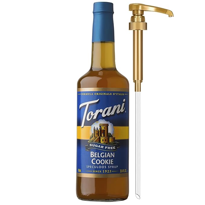 Torani Sugar Free Coffee Syrup, Belgian Cookie Flavoring for Drinks, Zero Calorie, Glass Bottle with Pump Included, 25.4 Fl Oz