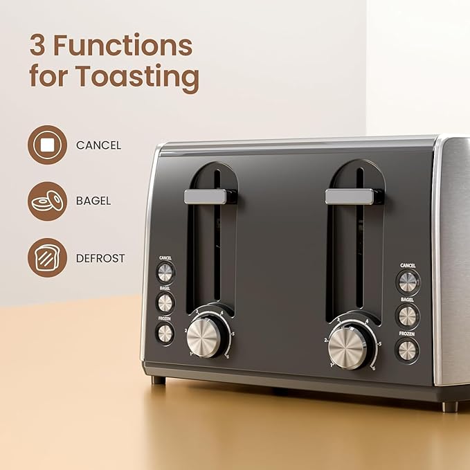 4 Slice Toaster with Crumb Tray for Easy Cleaning, 6 Browning Settings, Self-Centering Dualit Bread Toaster 4 Slice, Cancel, Defrost&Reheat Function