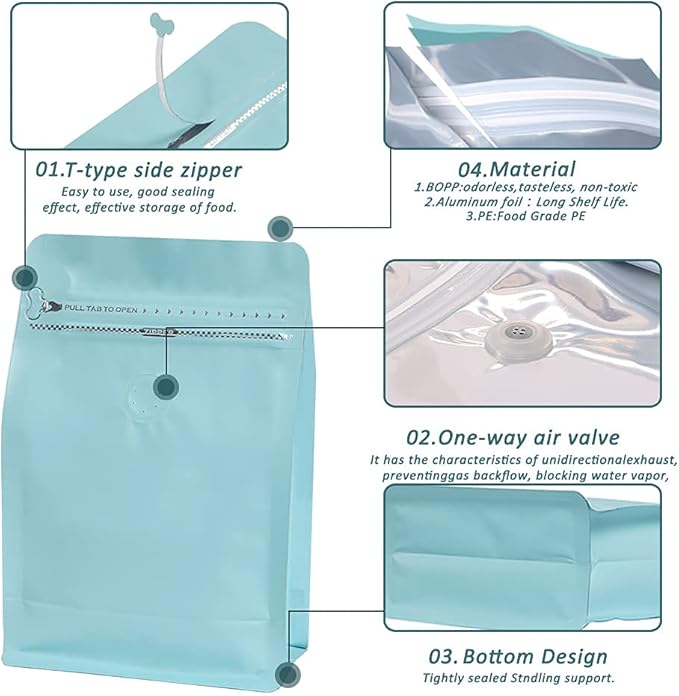 REMTAP Coffee Bags with Valve(50pcs,16oz) Tiffany Blue High Barrier Aluminumed Foil Flat Bottom Standing Coffee Beans Storage Bags,Reusable Heat Sealable Side Zipper Pouches for Home or Store