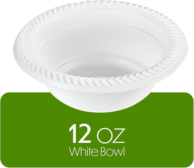 PLASTICPRO 200 PCS White Plastic Soup Bowls 12 oz Premium Quality Light Weight Dishes Disposable Plastic Bowls for Parties Weddings