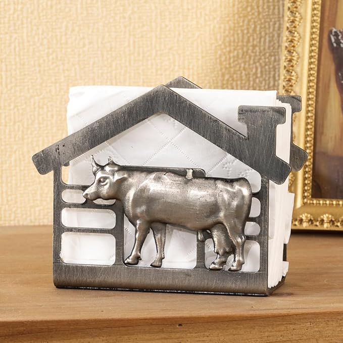 Metal Napkin Holder for Table, Antique Cow Farm Style, Rustic Vertical Tissue Napkins Holder for Paper Napkins (Cow/Black)