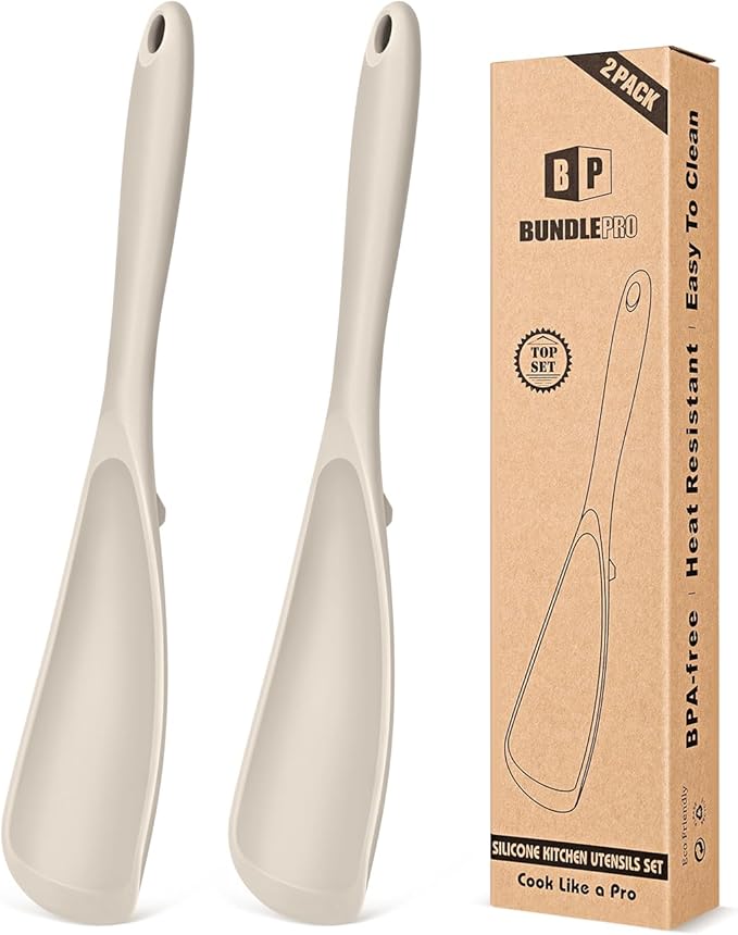 Pack of 2 Cooking Spoons for Non Stick Cookware, Multifunction Spatula Spoon BPA-Free, One-Piece Design, Suitable for Scooping, Scraping, Serving and Mixing (KHAKI-KHAKI)