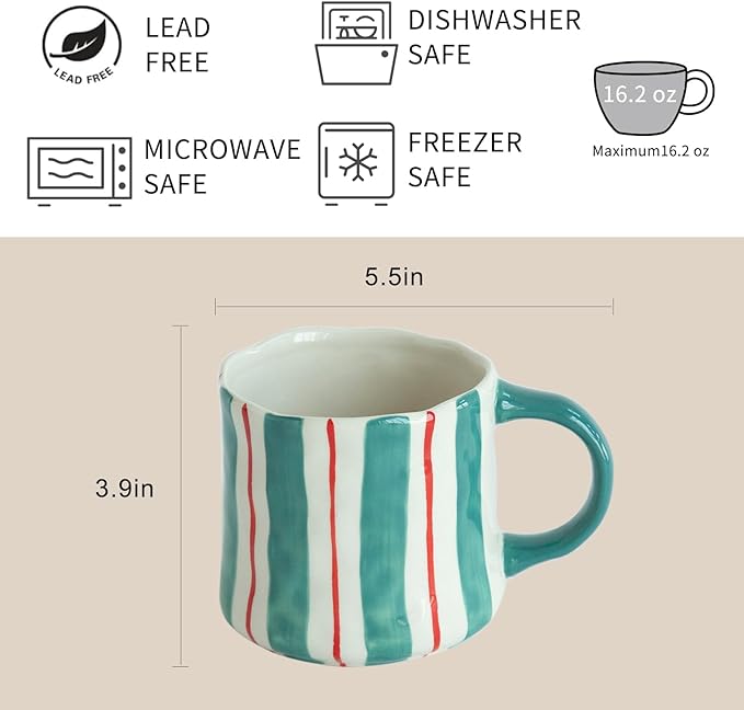 Stripe Ceramic Coffee Mugs, 12oz Vibrant Striped Red and Green Alternating Design Cute Mugs, Dishwasher & Microwave Safe Cups for Coffee, Tea, and Cocoa, Perfect for Daily Brews tea or coffee