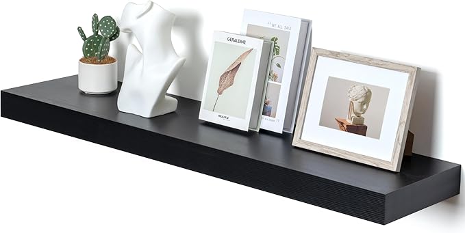 48 Inch Black Floating Shelf | 12 Inch Deep Floating Shelves Set of 1 | 48" D x 12" D Rustic Wood Shelves for Wall | Deep Black Shelves for Living Room Bathroom Laundry Room Kitchen