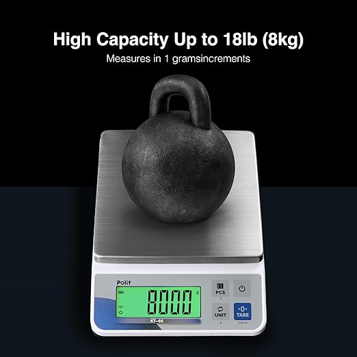 Polit KT-66 Digital Kitchen Scale 18lb – High-Capacity 0.5g Precision Food & Utility Scale with Stainless Steel Tray for Baking, Cooking, Market Produce and Small Business Weighing