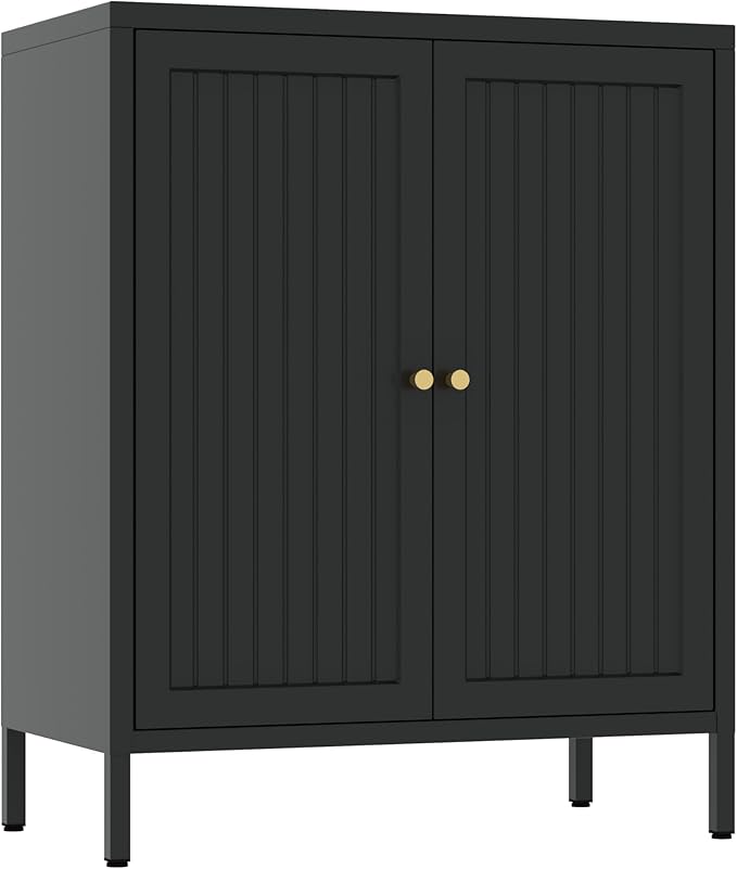 Small 2 Transparent Door Metal Storage Side Buffet Cabinet for Bed Room,Living Room,Entryway,Hallway,Home,Hotel,Office,Garage,Kitchen,1 Removable Shelf. (Striped Door, Black)
