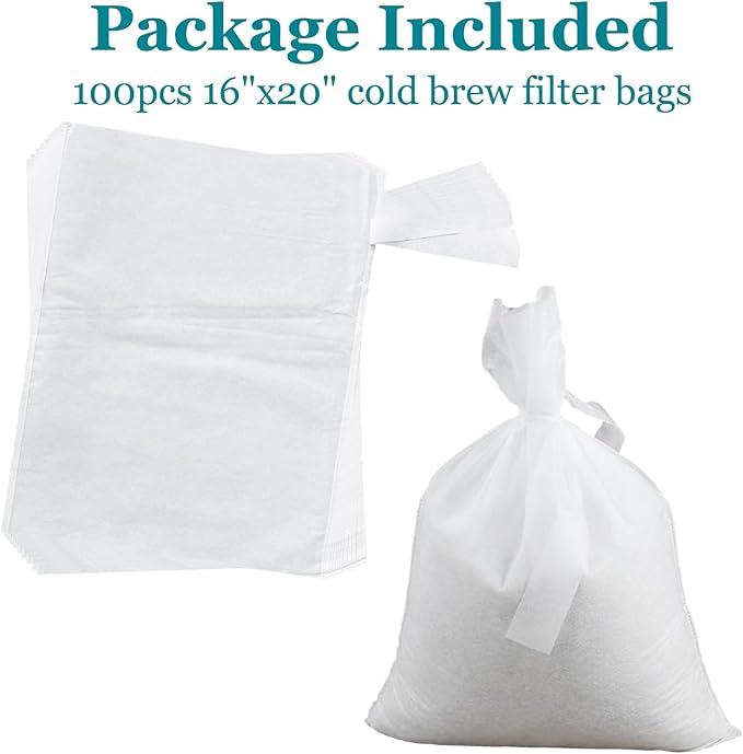Yzurbu 100pcs 16''x20'' Cold Brew Coffee Filter Bags, No Mess Disposable Filter Bag with Straps for Coffee Shop 5-Gallon Systems