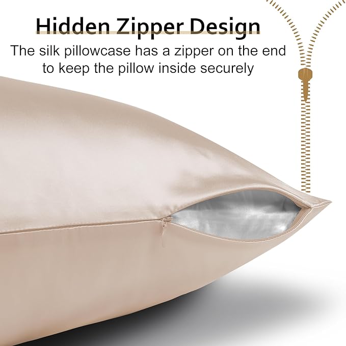 Ravmix Silk Pillow Cases with Zipper, 21 Momme Mulberry Silk Pillowcase for Hair Skin Health, Soft Smooth Breathable Cool Pillow Cover for Beauty Sleep with Gift Box(Standard 20"x26", Beige) 1PC