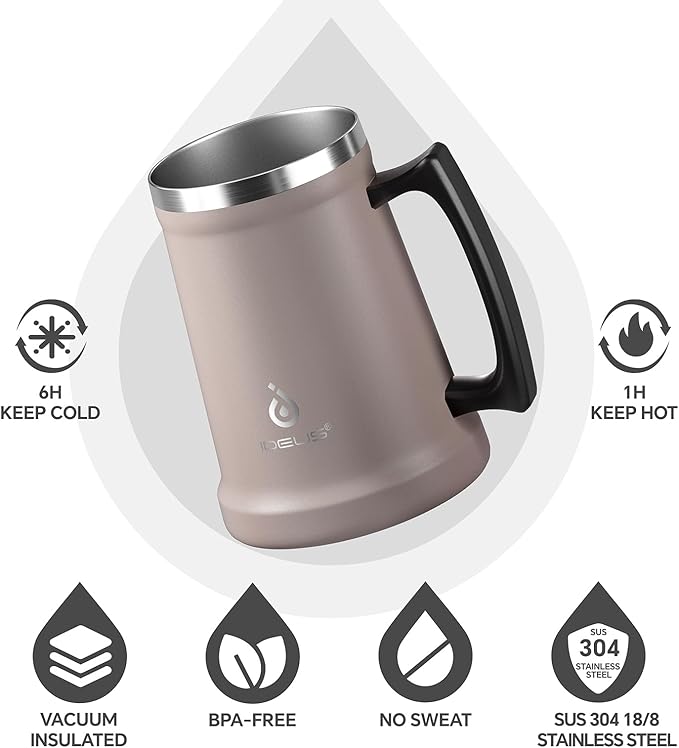 Ideus Insulated Beer Stein, 24/32oz Stainless Steel Double Walled Beer Mug Giant Bar Drinkware Metal Beer Cup with Big Grip Handle (Dusty Pink, 34oz (1,000ml))
