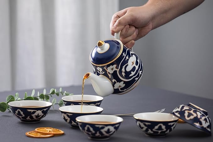 Blue and White Tea Set - 28 oz. Bone China Teapot and 6 oz. Tea Cups with White Vintage Design - Elegant Tea Serving Set for Kitchen and Gift for Women, Men, Adults and Tea Lovers