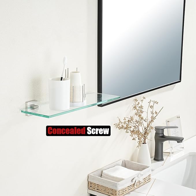 JQK Bathroom Glass Shelf, Floating Tempered Glass Shower Storage 16 by 5 inches, 304 Stainless Steel Brushed Finish Wall Mount, TGS201L16-BN