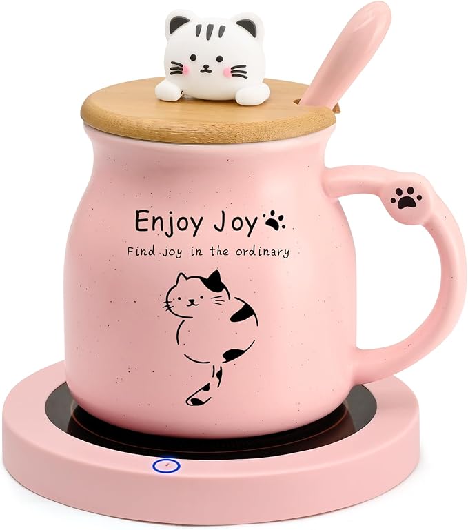 Coffee Mug Warmer, Cute Cat Mug Set, Coffee Cup Warmer for Desk, Gifts for Women, Pink Heated Coffee Warmer for Mom Home Office Christmas Birthday Gifts