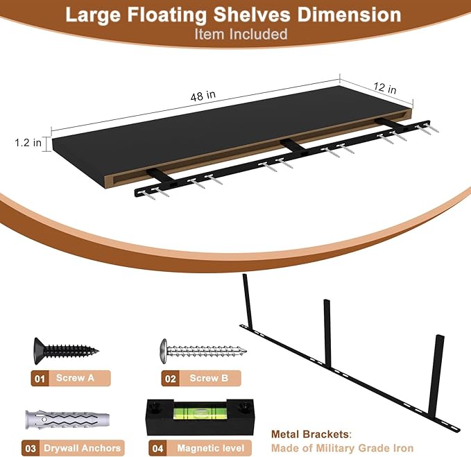 12 Inch Deep Floating Shelves for Wall 3 Pack Floating Shelfs Large Storage Space Wall Decor Display Shelf for Bathroom Living Room Bedroom Kitchen 48" W x 12" D x 1.2" H Black