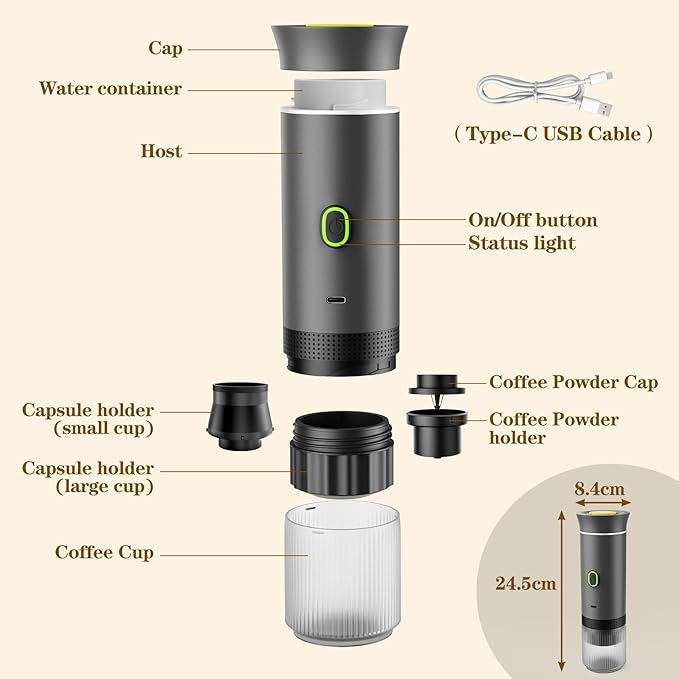 Portable Espresso Maker, Travel Coffee Maker for camping, Portable Espresso Machine with USB-C, 3-in-1 Small Espresso Machine with Ground Coffee & Capsules (NS＆DG) for RV (Warm Gray(One Battery))