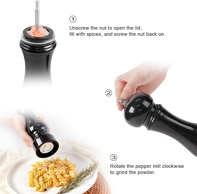 LHS Pepper Mill Grinder Salt Grinder, Arcylic Peppercorn Grinders with Adjustable Ceramic Grinding Core (8 Inch,Black)