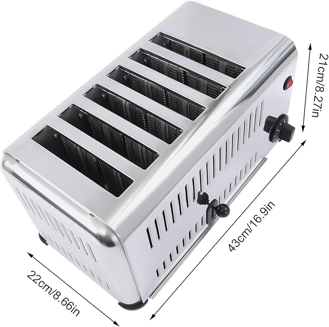 6 Slot Commercial Toaster - 6 Slice Wide Slot Stainless Steel Toaster for Restaurant and Home Kitchen, One-Piece Molding Process (1680W 110V)
