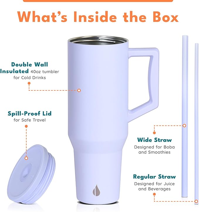 Elemental 40 oz Tumbler with Handle and Straw - Spill Proof Insulated Stainless Steel Commuter for Hot and Cold Beverages - Travel Coffee Mug with 2 Straws & Spill Proof Lid - 40oz - Ice Blue
