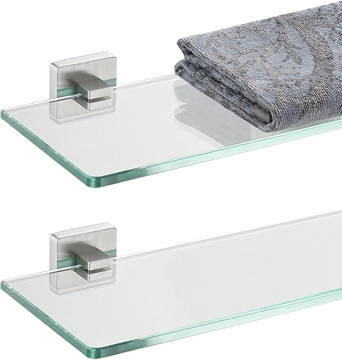 JQK Bathroom Glass Shelf, Floating Tempered Glass Shower Storage 12 by 5 inches, 304 Stainless Steel Brushed Finish Wall Mount 2 Pack, TGS201L12-BN-P2