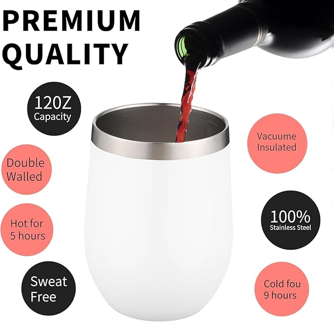 12oz/6 Pack Wine Tumbler Glasses with Lid Stemless Double Wall Vacuum Stainless Steel Travel Tumbler Keeping Cold & Hot for Wine,Coffee,Cocktails,Christmas Drinks-Family and Gifts (White)