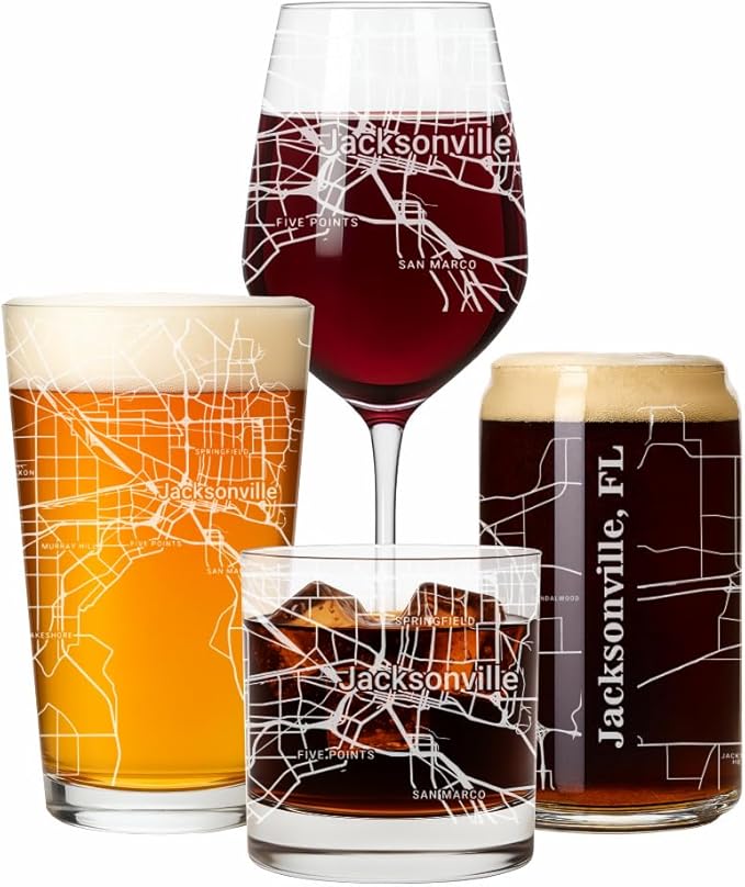 Blue Ridge Mountain Gifts - Jacksonville Souvenir - Florida Glassware Gift, Etched City Map, Laser Engraved and Dishwasher Safe