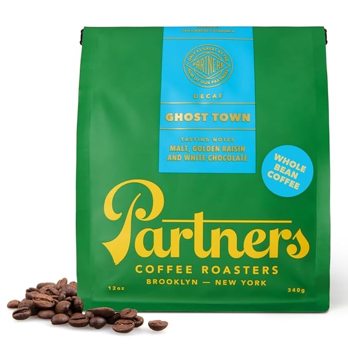 PARTNERS COFFEE ROASTERS - Whole Bean Coffee (Ghost Town - Decaf, Medium Roast) 12oz - Decaf Coffee via Mountain Water - Malt, Golden Raisin, White Chocolate - Coffee Beans - Roasted in New York City