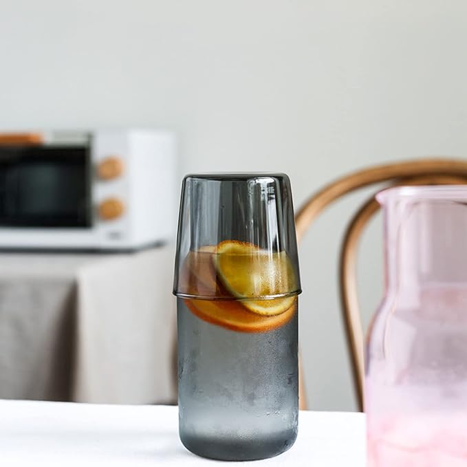 Bedside Glass Water Carafe Set with Cup, Glass Carafe with Lid Mouthwash Cups for Bedroom Bathroom Juice Wine Milk