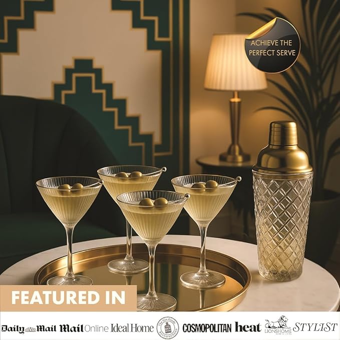 VEMACITY - Luxury Cocktail Shaker Set - Gold Glass Cocktail Shaker with Built-In Strainer + 2 Ribbed Espresso Martini Glasses with Gold Rims, Bar Spoon & Jigger | Ideal for Christmas & New Years