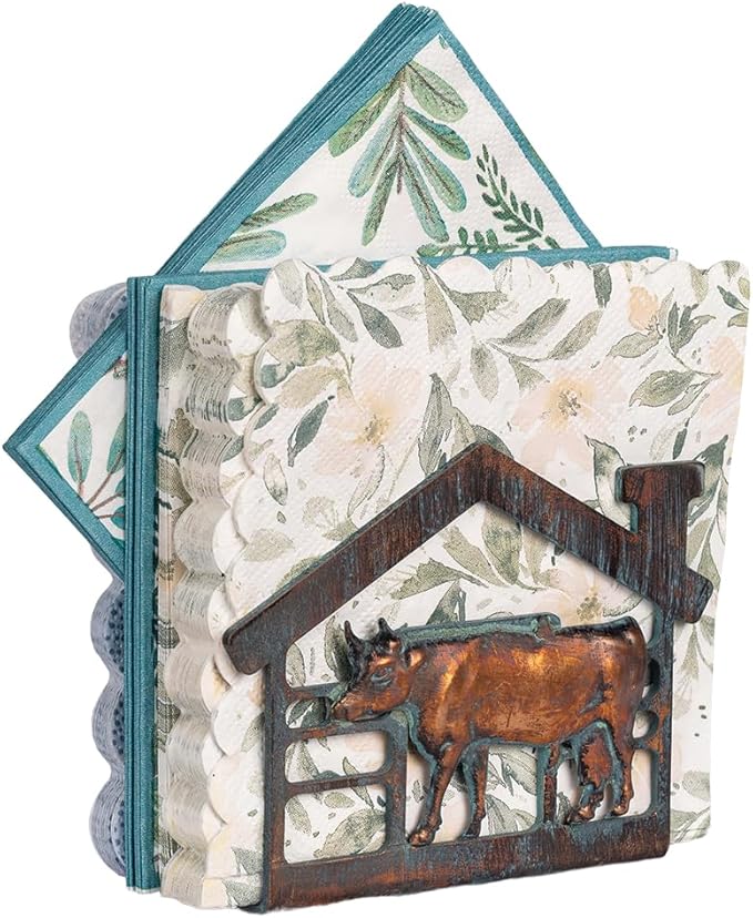 Farmhouse Napkin Holder for Table, Rustic Metal Cow Decorative Napkin Holder for Paper Napkins, Antique Paper Towel Napkin Dispenser, Vertical Napkin Table Decor for Home Kitchen Coffee Shop Bar