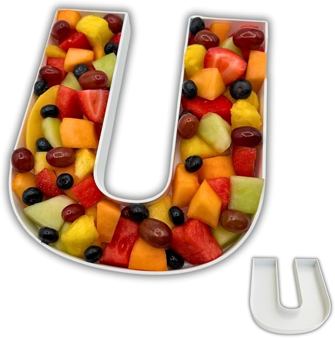 Hard Plastic Reusable Fillable Letters Numbers Serving Trays for Party Decoration (U, White)