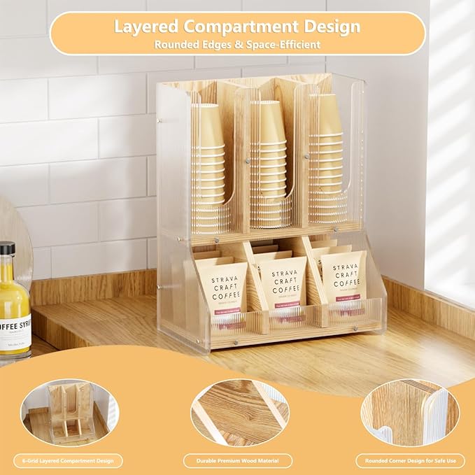 BYCY Coffee Bar Organizer for Countertop,Wooden Shelf for Tea Station with acrylic boards,Coffee Cup and Lid Organizer Coffee Pod Holder Accessories Storage for Office, Home