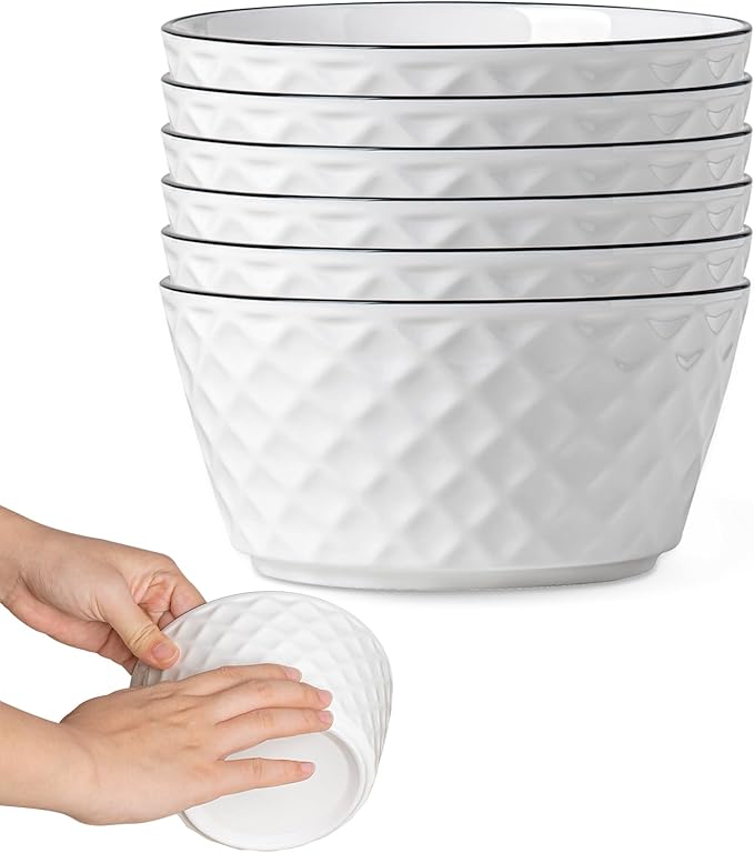 Yeacccng Soup Bowls Set of 6, 30oz Ceramic Cereal Bowls, Scratch-Resistant, Lead-Free, 6 inch White Soup Bowls for Soup, Oatmeal, Salad, Pasta, Dessert Snacks, Fruits, Dishwasher & Microwave Safe