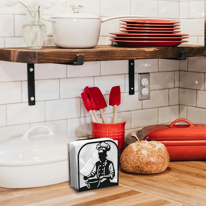 Chef Decorative Black Metal Napkin Holder for Table, 4.9" x 5.1" x 2" Cooking Standing Napkin Holder for Home Kitchen Restaurant Picnic Party Coffee Bar Dining Room