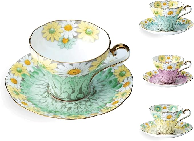 Aynsley Daisy Corset Fine Bone China Teacup and Saucer Set - 5.07oz Hand-Painted Gold-Trimmed Corset-Shape Set, Fancy Gift for Birthdays/Mother’s Day/Tea Lovers(Green)